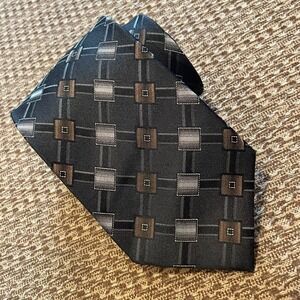 Jhane Barnes Silk Tie‎ Men's Black Brown Geometric Squares Old Money 4x60